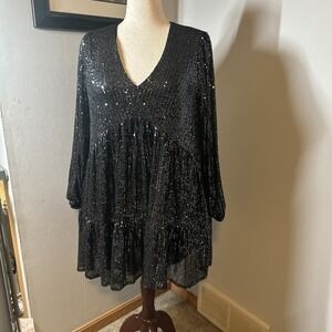 Code x Mode Womens Size Large Black Sequin V-Neck Party Dress‎ Long Sleeve